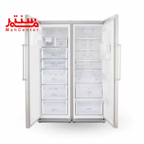 یخچال فریزر دوقلو دیپوینت مدل d5e s که درب یخچال فریزر آن باز است و تمام طبقات داخلی آن مشخص است