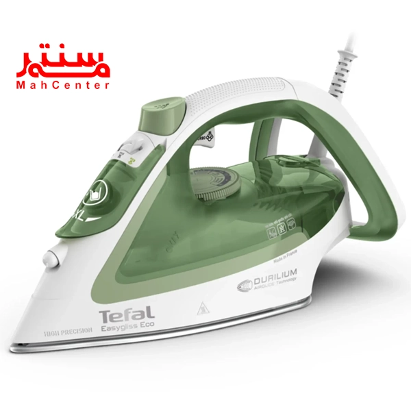 اتو بخار تفال مدل fv5781 که به سمت چپ مایل است و طرف راست آن مشخص است.