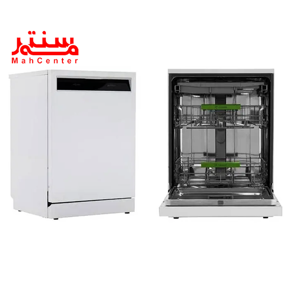 دو تصویر از ماشین ظرفشویی اسنوا مدل sdw-a11w که کنار هم قرار دارد، عکس سمت راست تصویری است که درب آن به صورت کامل و رو به پایین باز شده و تصویر سمت چپ عکسی است که به سمت راست چرخیده است.