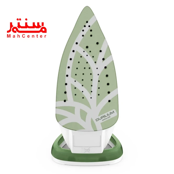 اتو بخار تفال مدل fv5781 به صورت ایستاده است و کفی آن به رنگ سبز و با طرحی سفید مشخص است.