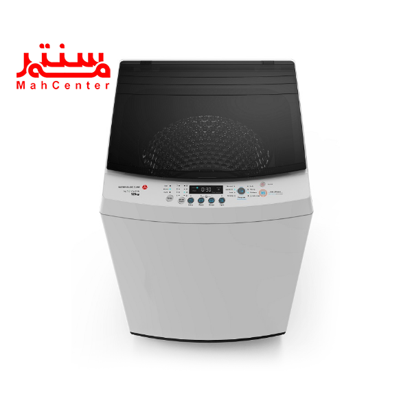 نمای بالا از ماشین لباسشویی 12 کیلویی پاکشوما مدل 1201w که داخل آن کمی مشخص است