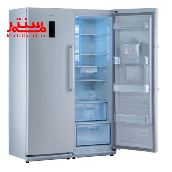 یخچال فریزر دوقلو دیپوینت مدل d5e w رنگ سفید که درب یخچال آن به سمت راست باز شده است.