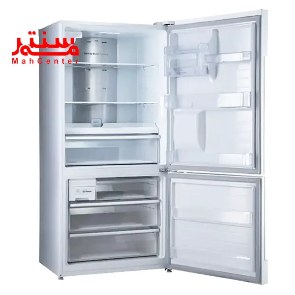 یخچال فریزر دیپوینت مدل boss pro w که درب یخچال و فریزر آن به سمت راست باز شده و تمام طبقات داخلی آن مشخص است.