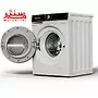 ماشین لباسشویی 9 کیلویی پاکشوما مدل l9w که به سمت راست چرخیده و درب آن به سمت چپ باز است.
