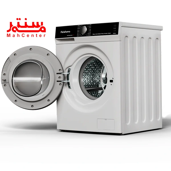 ماشین لباسشویی 9 کیلویی پاکشوما مدل l9w که به سمت راست چرخیده و درب آن به سمت چپ باز است.
