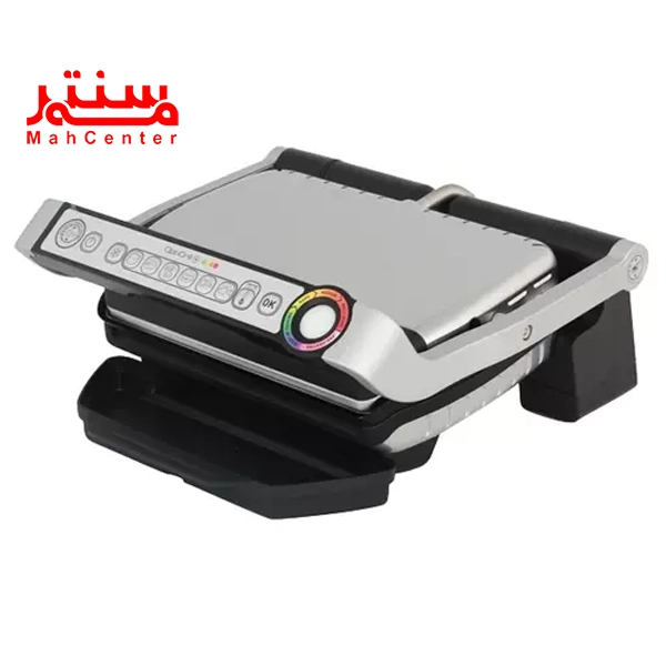 گریل تفال gc712d28 که در آن بسته و به سمت چپ مایل شده روی دسته آن تمام دکمه های کنترل قرار دارد.