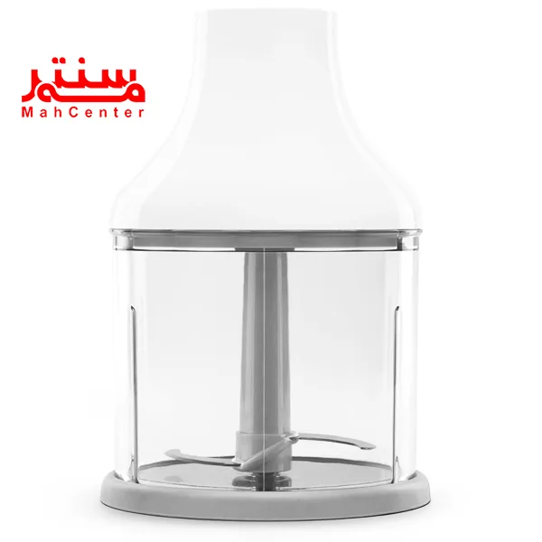 ظرف خردکن گوشت کوب برقی اسمگ مدل hbf03 سفید که تیغه آن هم داخل دستگاه قرار دارد