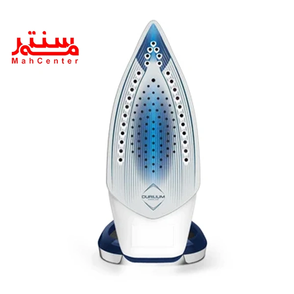 اتو بخار تفال مدل fv5820 که به صورت ایستاده قرار دارد و کفی آن مشخص است. قسمت بالای و وسط آن یک هاله آبی دارد.