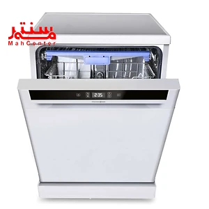 ماشین ظرفشویی پاکشوما 15 نفره مدل e53w که از روبرو است و درب آن کمی به سمت پایین باز سمت و سبد طبقه بالا با لبه ی آبی مشخص است.