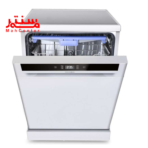 ماشین ظرفشویی پاکشوما 15 نفره مدل e53w که از روبرو است و درب آن کمی به سمت پایین باز سمت و سبد طبقه بالا با لبه ی آبی مشخص است.