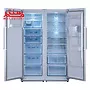 یخچال فریزر دیپوینت مدل d5e w که درب یخچال فریزر آن به دو طرف باز شده و طبقات داخلی آن مشخص است.