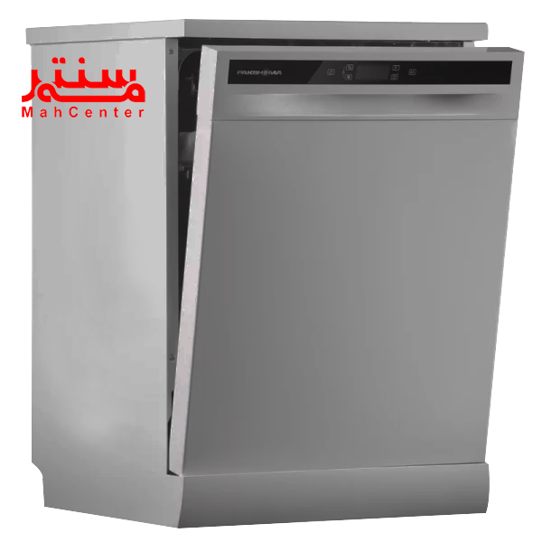 ماشین ظرفشویی پاکشوما مدل e53s که به سمت راست مایل است و درب آن نیمه باز است.