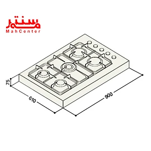 نقاشی سه بعدی اجاق گاز صفحه xbc 902 gh dc که ابعاد آن کنارش نوشته شده.