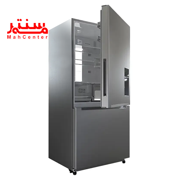 یخچال فریزر دوو مدل bmi-30ss که درب یخچال آن به صورت نیمه باز و به سمت راست باز است.