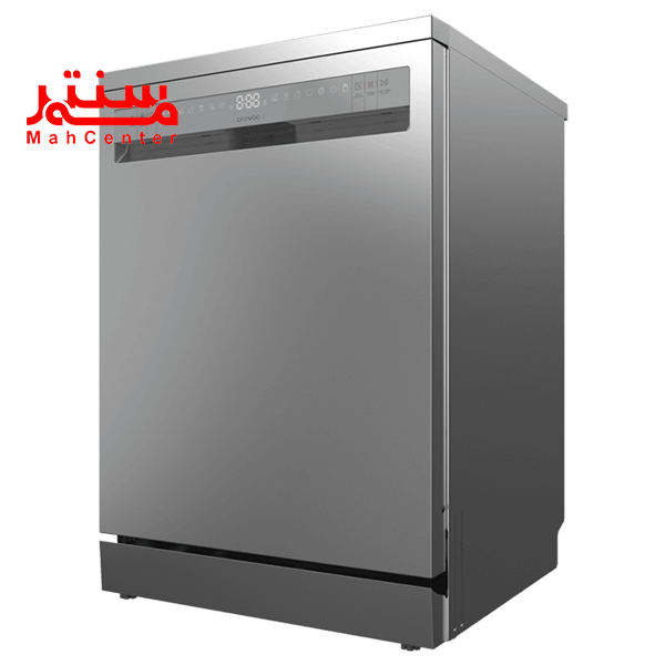 ماشین ظرفشویی دوو 14 نفره مدل dw-200s که به رنگ استیل است و کمی به سمت چپ پرخیده است.