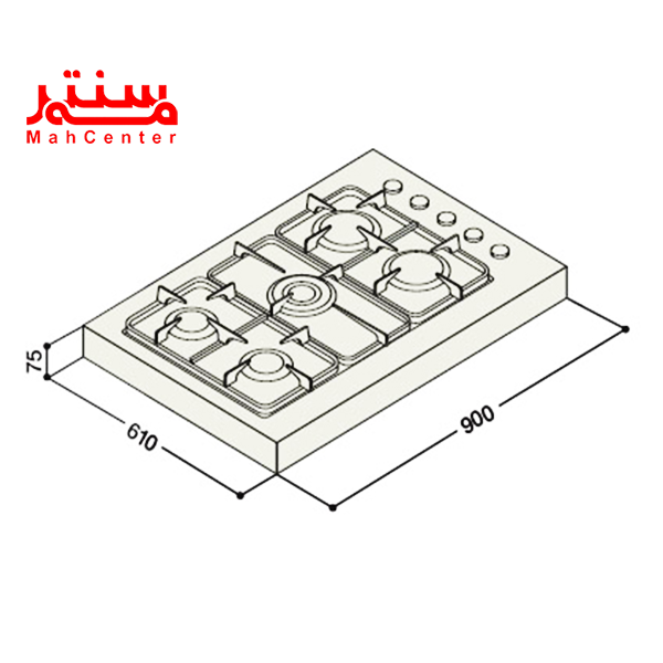 نقاشی سه بعدی اجاق گاز صفحه xbc 902 gh dc که ابعاد آن کنارش نوشته شده.