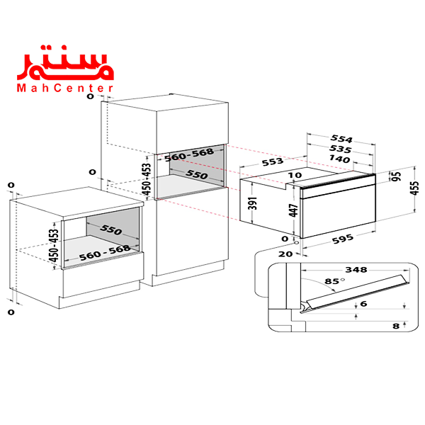 طراحی سه بعدی از کامپکت توکار آریستون مدل 996 که ابعاد دقیق آن نوشته شده.