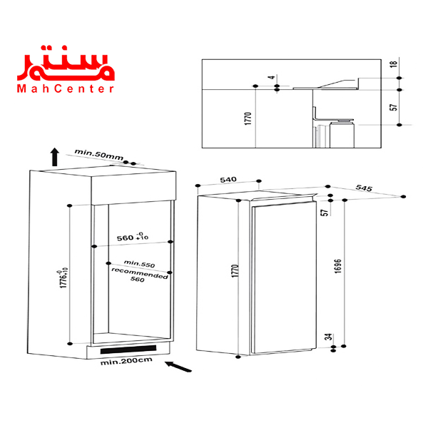 طراحی سه بعدی یخچال فریزر دوقلو توکار آریستون مدل 1801 که ابعاد فرورفتگی آن نیز مشخص شده.