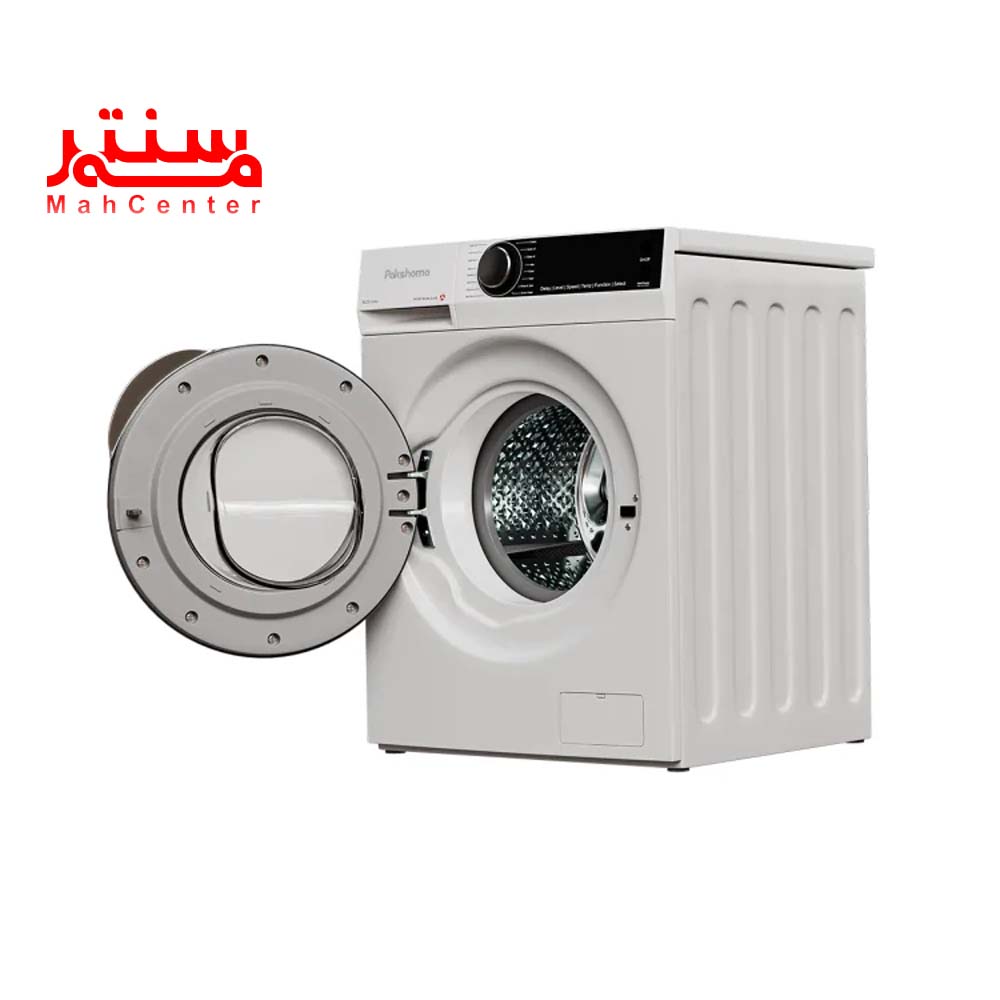 نمای کناری و در باز شده ماشین لباسشویی پاکشوما 8 کيلويي مدل u8-w