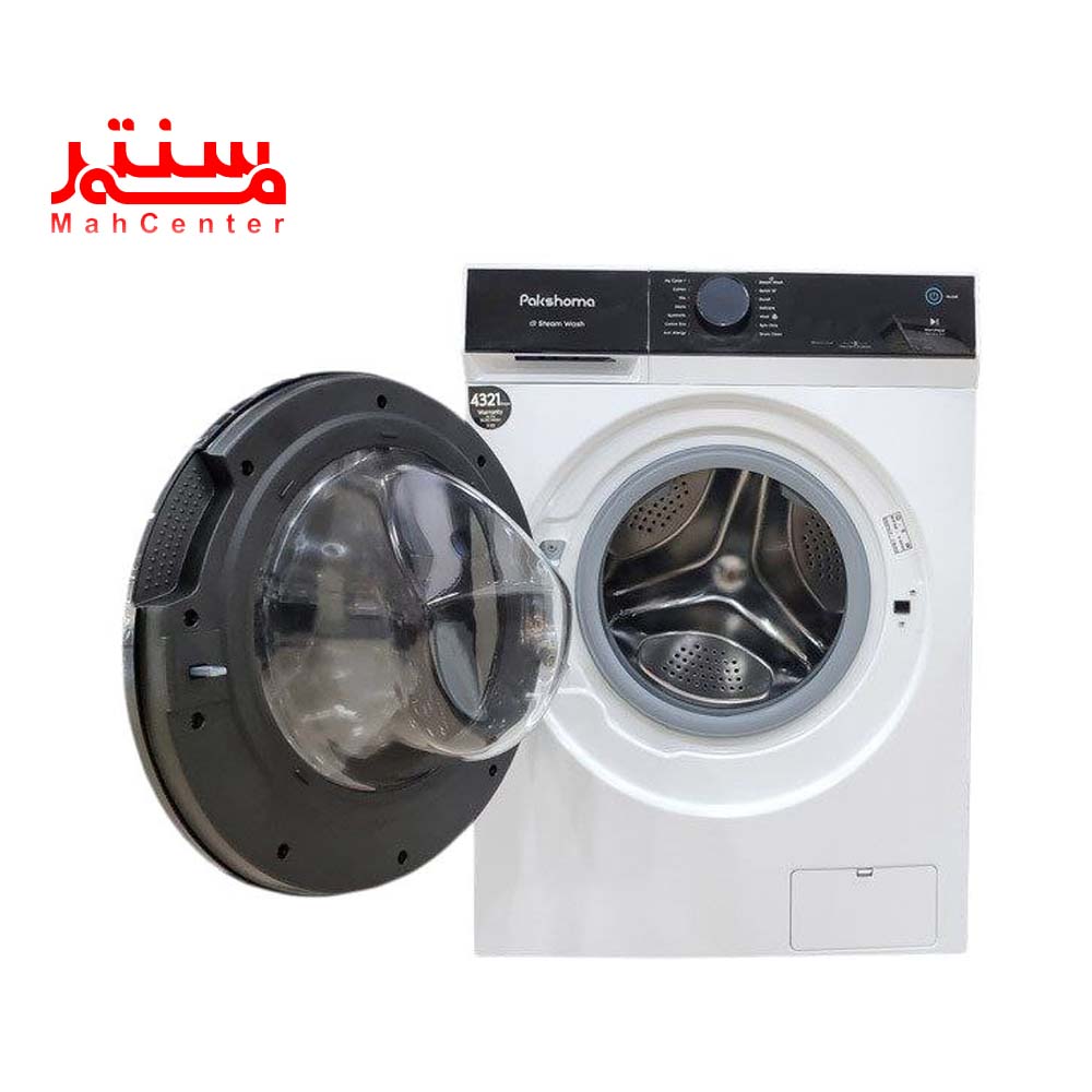 نمای روبه رویی با در باز  ماشین لباسشویی پاکشوما 11 کيلويي مدل x106-w
