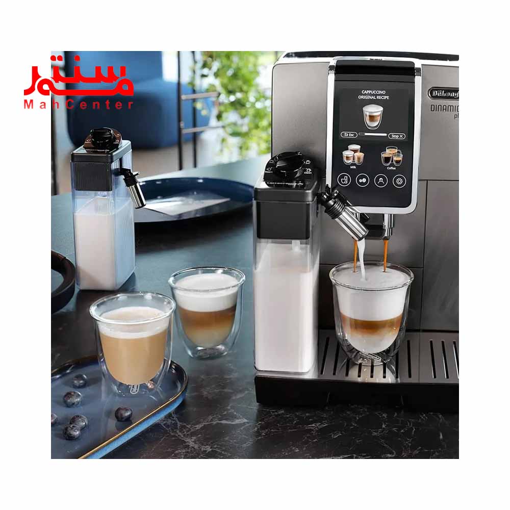 نمای دستگاه و نوشیدنی های تهیه شده با اسپرسوساز دلونگی مدل ecam-38095