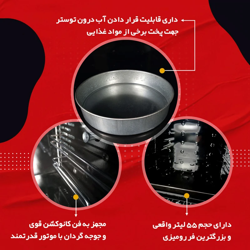 آون توستر تکنو لایو مدل VIP-AGRIAN با درب شیشه‌ای دوجداره و چراغ داخلی برای مشاهده روند پخت.