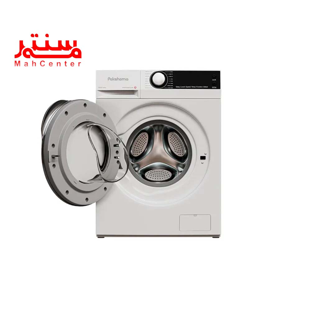 نمای روبه یی با در باز ماشین لباسشویی پاکشوما 8 کيلويي مدل u8-w