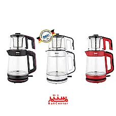 یک چای ساز فکر مدل Bestea با رنگ مشکی و نقره ای در یک پس زمینه سفید قرار دارد. این دستگاه شامل یک کتری برقی با بدنه شیشه ای و یک قوری چای ساز با صافی استیل است. - دوم