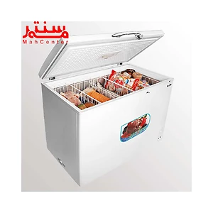 نمای کناری با در باز و فریزر پر از مواد غذایی فریزر صندوقی برفاب مدل cf-310-l