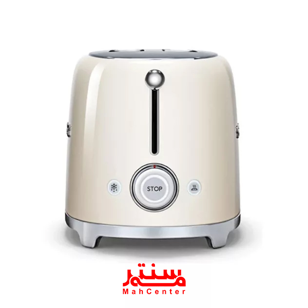 دستگاه توستر دو اسلایس اسمگ TSF01 کرم با توان 950 وات و سینی جمع‌آوری خرده نان.
