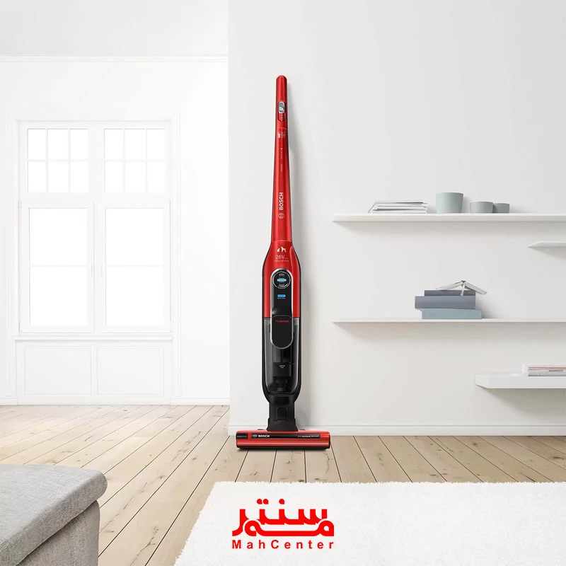 جارو شارژی بوش مدل BCH86PET1 با باتری لیتیوم‌یونی 28 ولت و طراحی ارگونومیک قرمز رنگ برای نظافت آسان منزل.