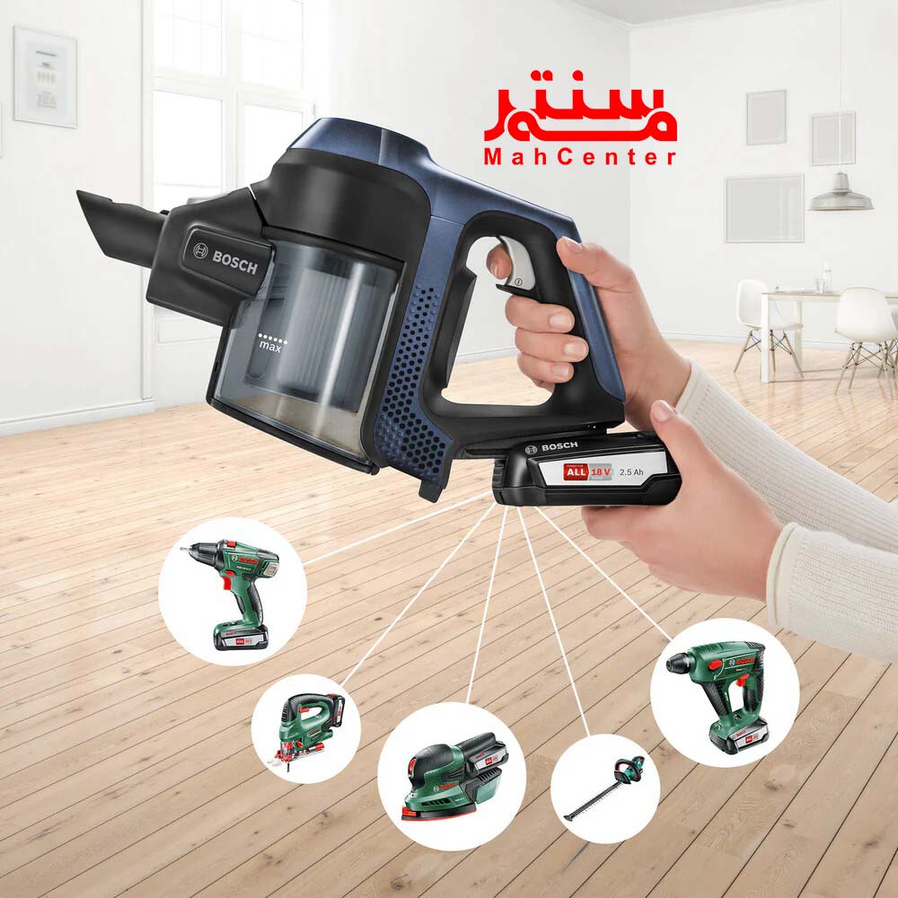 جاروشارژی بی‌سیم بوش مدل BBS611GB در حال تمیز کردن زیر مبلمان با لوله انعطاف‌پذیر و سبک.