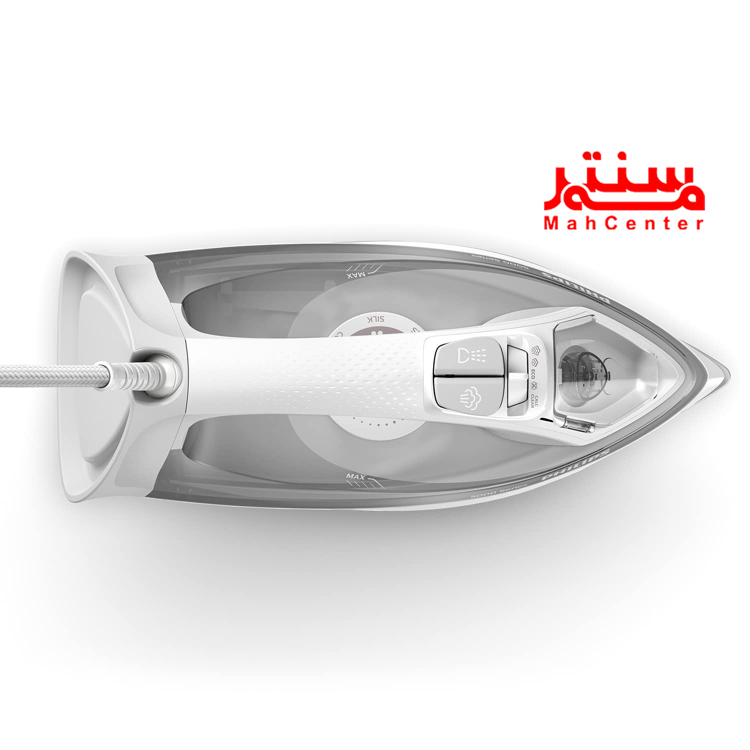 اتو بخار فیلیپس مدل DST5010 با بدنه سفید و خاکستری، طراحی ارگونومیک و کفی سرامیکی SteamGlide Plus برای حرکت روان روی پارچه.