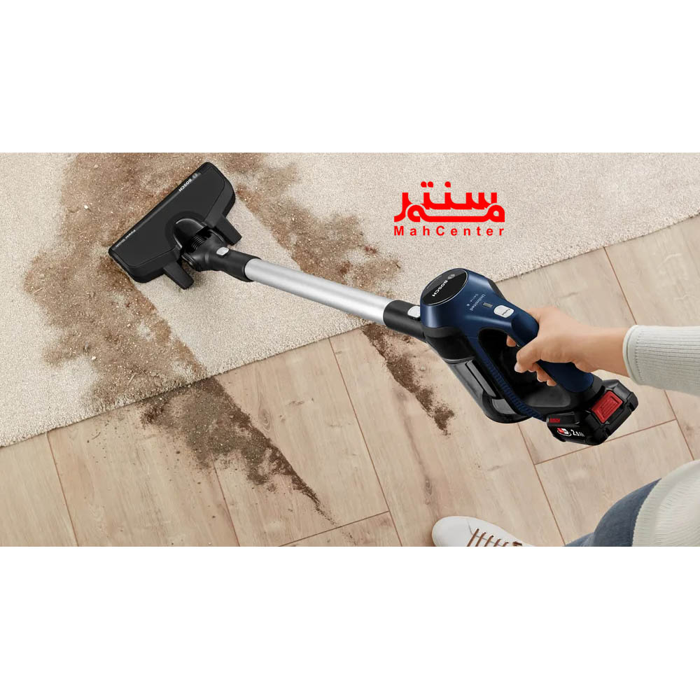 نمای نزدیک از جاروشارژی بوش BBS611GB با موتور قدرتمند DigitalSpin و باتری لیتیوم‌یونی 18 ولت.