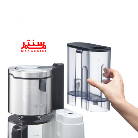 نمای نزدیک از قوری شیشه‌ای قهوه‌ساز بوش TKA8631 با ظرفیت 1.25 لیتر، مناسب برای 10 تا 15 فنجان.