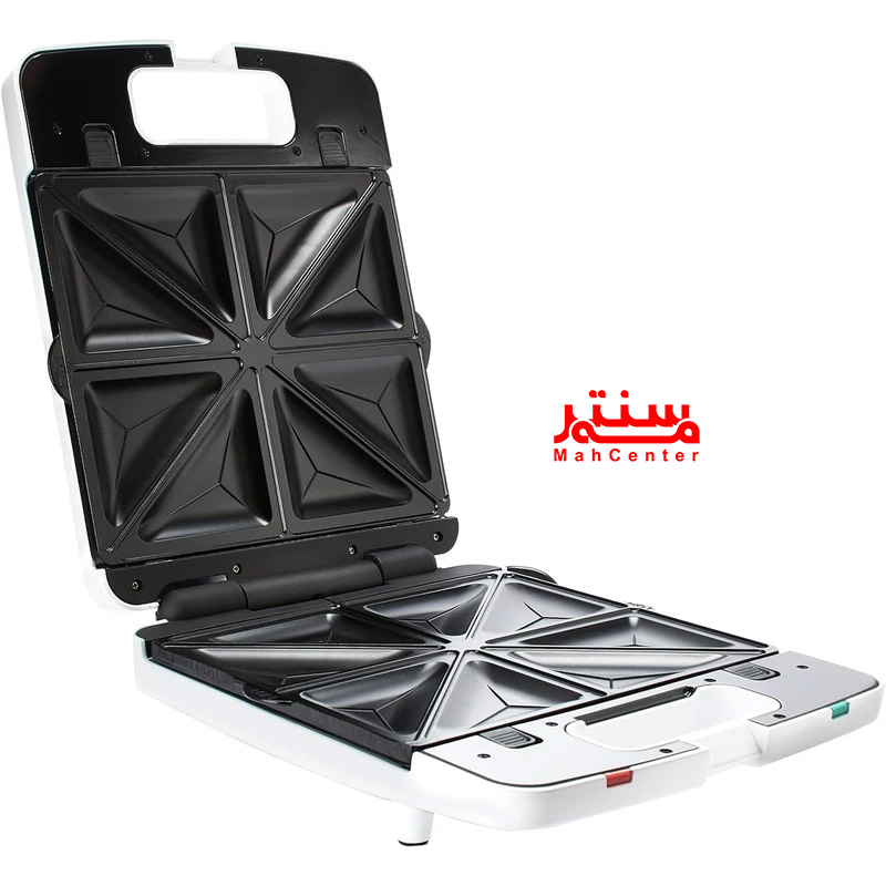 نمای باز شده ساندویچ ساز کنوود SM740 با صفحات گریل برای کباب کردن گوشت و سبزیجات.