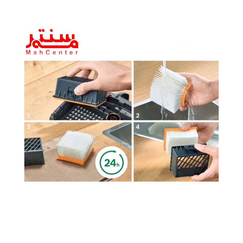 فردی در حال تمیز کردن فیلتر های جاروبرقی بوش مدل bgl-s2-ba-2