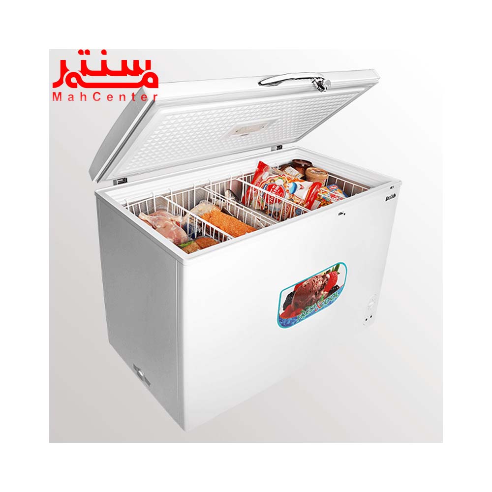 نمای کناری با در باز و فریزر پر از مواد غذایی فریزر صندوقی برفاب مدل cf-310-l