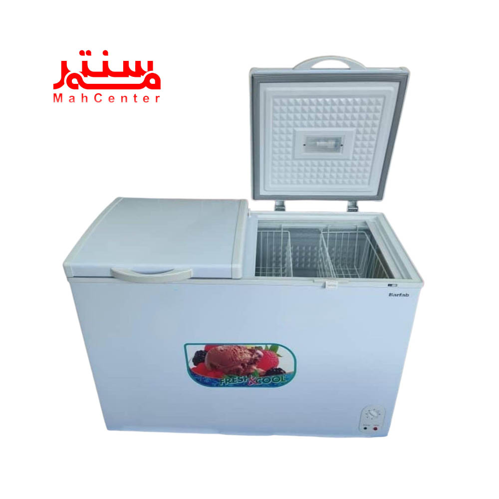 نمای بالایی با درب باز فریزر صندوقی برفاب مدل cf2d-430