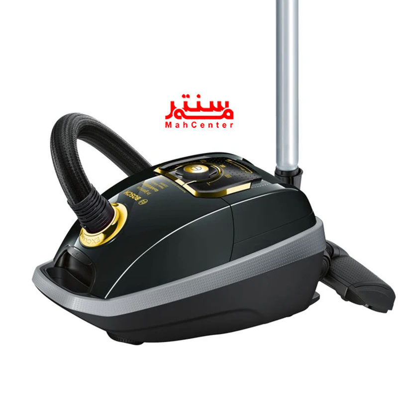 نمای نزدیک از بدنه براق جاروبرقی بوش BGL8GOLD با نوار طلایی و بدنه ضدخش برای ظاهری شیک و مقاوم.