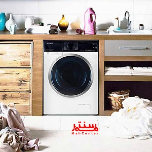 ماشین لباسشویی دوو سری ذن پرو 8 کیلویی مدل LM-850WB با طراحی سفید براق و پنل مشکی، مناسب برای آشپزخانه‌های مدرن.