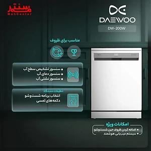 فضای داخلی ماشین ظرفشویی دوو DW-200W با سه سبد مجزا برای چیدمان بهینه ظروف.