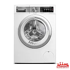 یک ماشین لباسشویی سفید Bosch با نام تجاری Mah Center با درب آن باز است تا فضای داخلی آن نمایان شود. - دوم