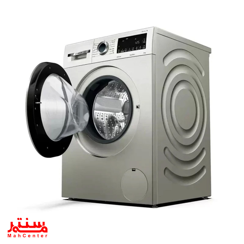 درب شیشه‌ای نقره‌ای ماشین لباسشویی بوش 9 کیلویی