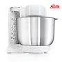 ماشین آشپزخانه بوش MUM48W1 با بدنه سفید براق و کاسه استیل 3.9 لیتری، آماده برای مخلوط کردن خمیر نان با قلاب مخصوص.