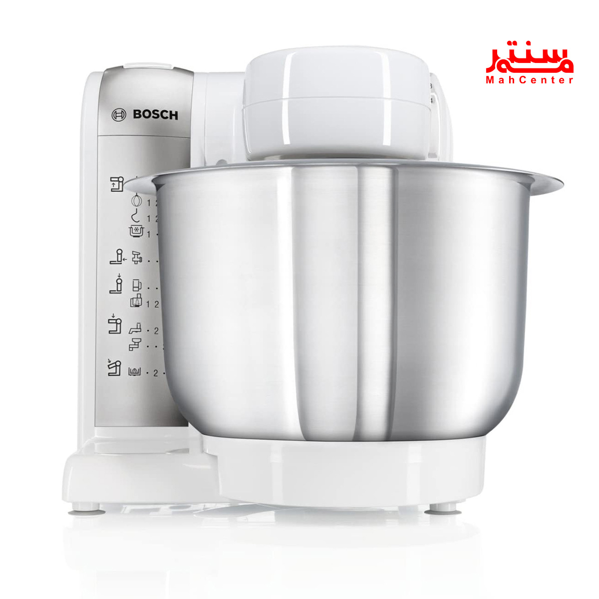 ماشین آشپزخانه بوش MUM48W1 با بدنه سفید براق و کاسه استیل 3.9 لیتری، آماده برای مخلوط کردن خمیر نان با قلاب مخصوص.