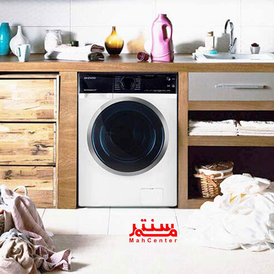 ماشین لباسشویی دوو سری ذن پرو 8 کیلویی مدل LM-850WB با طراحی سفید براق و پنل مشکی، مناسب برای آشپزخانه‌های مدرن.