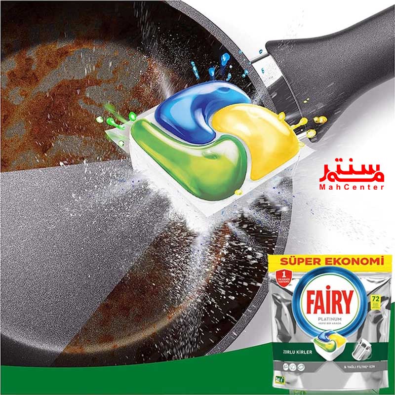 بسته ۷۲ عددی قرص ماشین ظرفشویی فیری پلاتینیوم با رایحه لیمو، مناسب برای شستشوی قدرتمند ظروف شیشه‌ای و استیل.