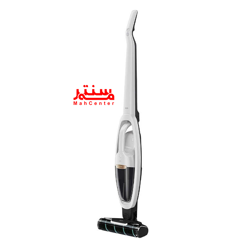 نمای نزدیک از جارو شارژی آاگ QX8-2-PALR با باتری لیتیومی و مخزن گرد و غبار قابل شست‌وشو.