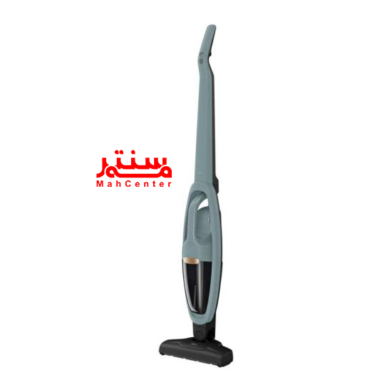 جاروشارژی آاگ QX6-1-40OG سبز آبی در حال نظافت فرش با نازل چندکاره مجهز به LED.